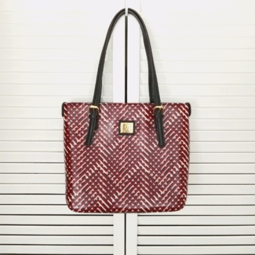 ANNE KLEIN Faux Leather Red Black White Lattice Pattern Tote Shoulderbag